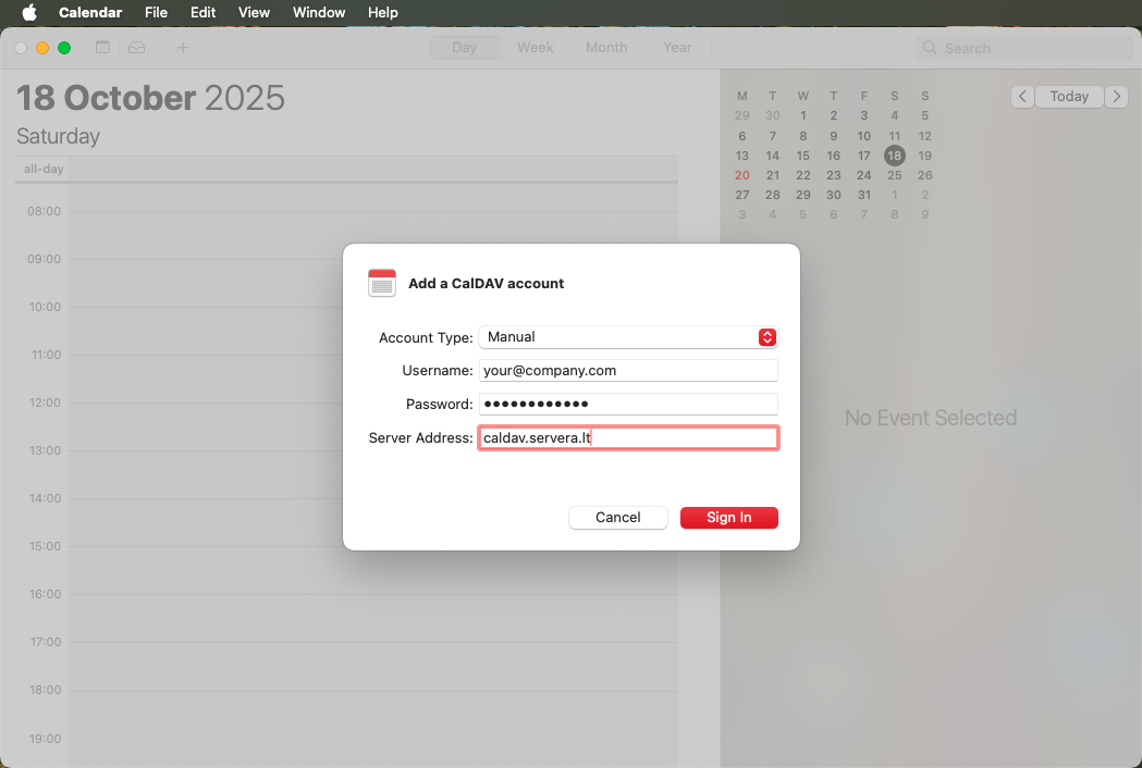 Mac Calendar setup step 3: Account verification and automatic sync