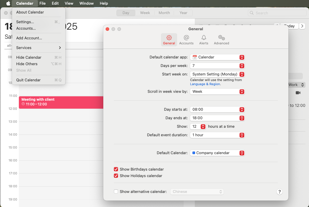 Mac Calendar default calendar setting: Set CalDAV calendar as default for new events in preferences